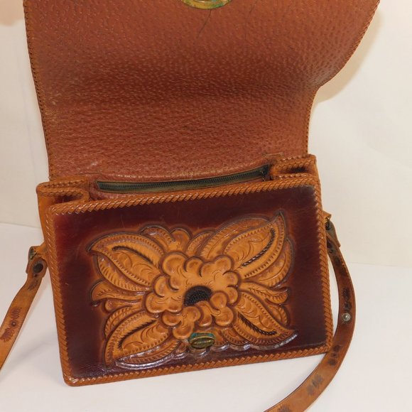 Vintage Tooled Leather Handbag Floral Shoulder Bag Western Purse - Picture 10 of 16